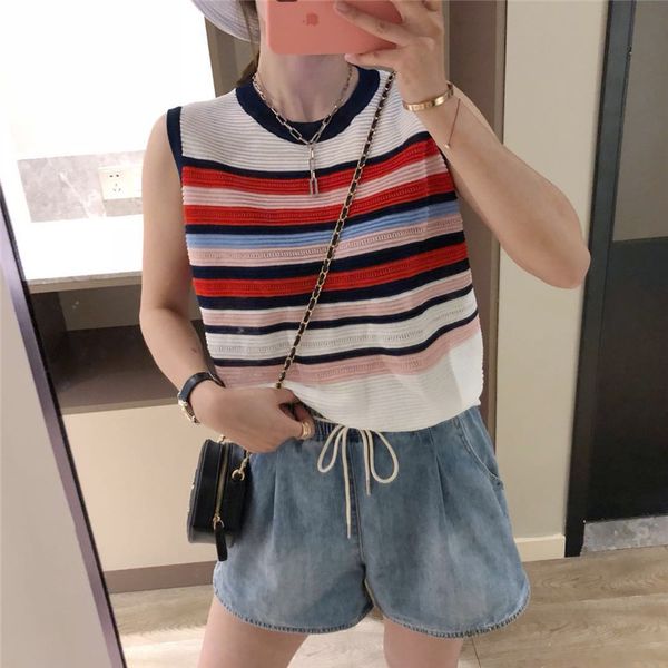 2020 summer colorful striped sleeveless loose vest young girls black binding ice silk high street camisole tank top, White
2020 summer colorful striped sleeveless loose vest young girls black binding ice silk high street camisole tank top, White