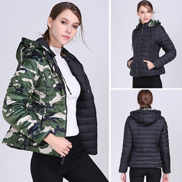 women reversible jacket solid camouflage print down jacket woman hooded drawstring winter pockets zipper slim parkas outerwear, Black
women reversible jacket solid camouflage print down jacket woman hooded drawstring winter pockets zipper slim parkas outerwear, Black
