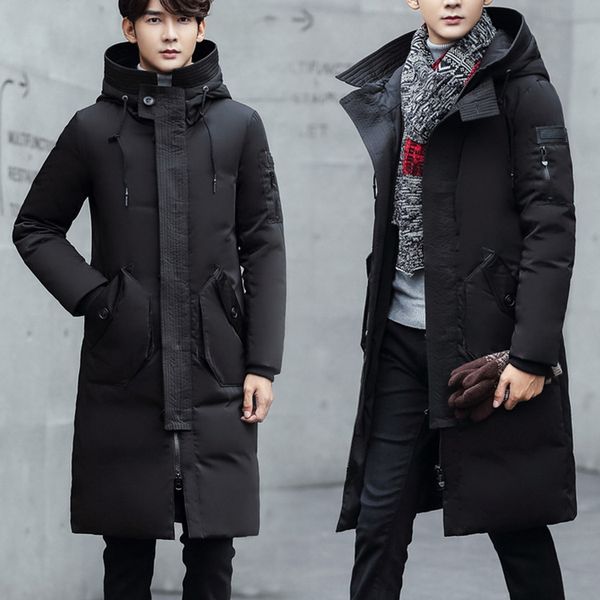 

winter men's down jacket hooded long casual thick down coats warm windbreak men's white duck youth clothing men, Black