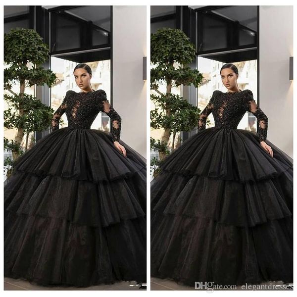 Image of Elegant Amazing Ball Gown Black Quinceanera Dresses Lace Appliques Tulle Tiered Special Occasion Party Gowns Formal Long Vestidos De Soiree
