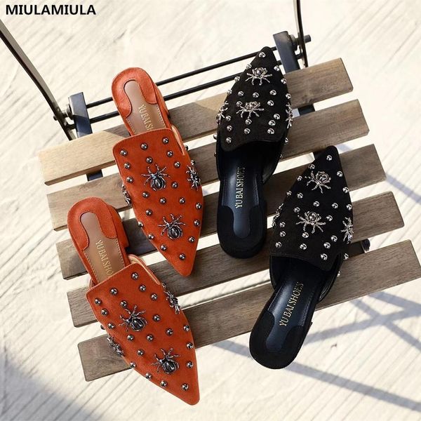 miulamiula 2020 spring new spider rivet med heels pointed shoes suede slippers loafers mules flip flops, Black
miulamiula 2020 spring new spider rivet med heels pointed shoes suede slippers loafers mules flip flops, Black