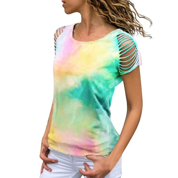 women's fashion tie-dye hole-burning short shoulder t-shirt, White 
women's fashion tie-dye hole-burning short shoulder t-shirt, White