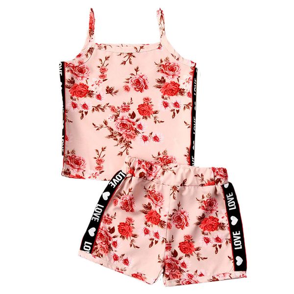 newborn infant baby girls cotton clothes sets side letter flowers print sleeveless sling vest +shorts causal outfits 0-24m, White