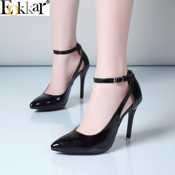 

eokkar 2019 women size 45 stiletto high heel 10cm pumps ankle buckle strap closed toe lady shoes pu leather pumps plus size34-45, Black