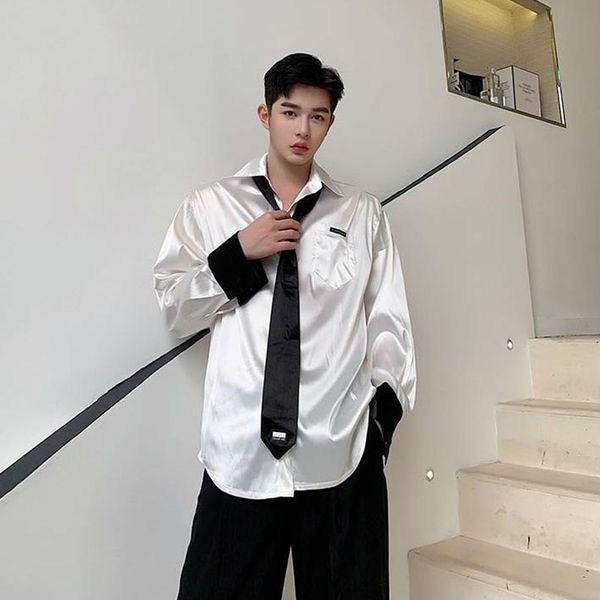 men silky material college style tie retro fashion casual long sleeve shirts male vintage loose dress shirts, White;black
men silky material college style tie retro fashion casual long sleeve shirts male vintage loose dress shirts, White;black