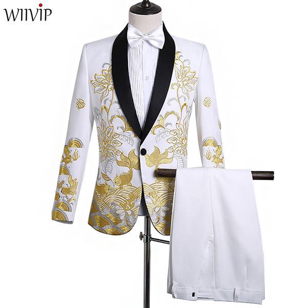 men 2 pieces set suit chinese groom toast dress embroidered wedding suit host singer performance male blazer&pant, White;black
men 2 pieces set suit chinese groom toast dress embroidered wedding suit host singer performance male blazer&pant, White;black
