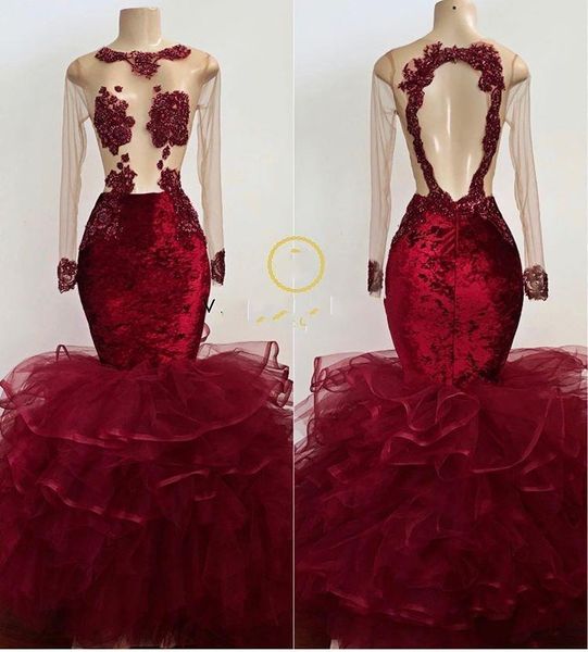 burgundy long sleeves evening dresses illusion bodice lace applique tiered skirt backless beaded mermaid prom gown formal occasion wear, Black;red
burgundy long sleeves evening dresses illusion bodice lace applique tiered skirt backless beaded mermaid prom gown formal occasion wear, Black;red