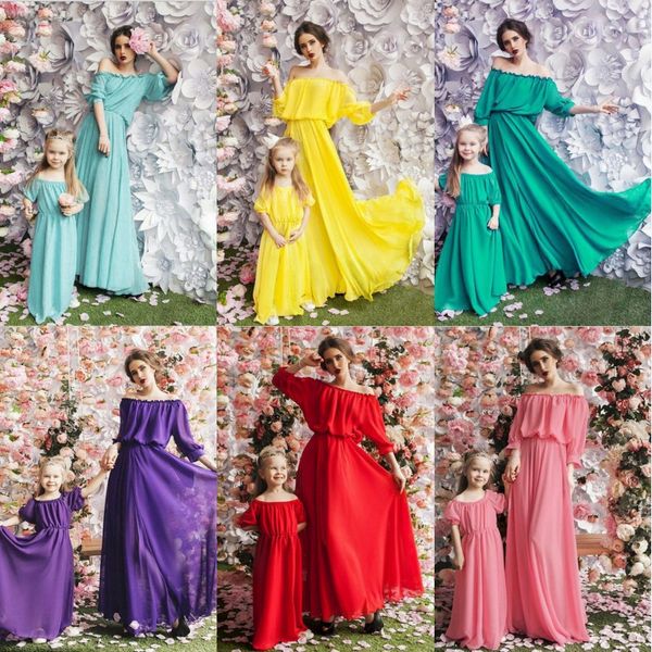 family matching solid color dress mother and daughter off shoulder collar long chiffon dress mommy and me beach dress, Blue
family matching solid color dress mother and daughter off shoulder collar long chiffon dress mommy and me beach dress, Blue