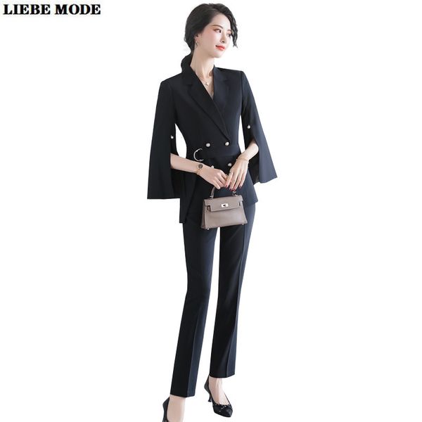 office ladies black white pink pants suits for women double breasted blazers trousers 2020 work wear slim two piece set clothing, White;black
office ladies black white pink pants suits for women double breasted blazers trousers 2020 work wear slim two piece set clothing, White;black