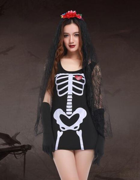 halloween ghost cosplay dress female human skeleton costume fashion women dress scarey fantasia infantil, Black;red 
halloween ghost cosplay dress female human skeleton costume fashion women dress scarey fantasia infantil, Black;red