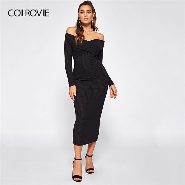 colrovie black solid cross off the shoulder wrap rib knit elegant long dress women 2019 spring long sleeve pencil dress, Black;gray
colrovie black solid cross off the shoulder wrap rib knit elegant long dress women 2019 spring long sleeve pencil dress, Black;gray