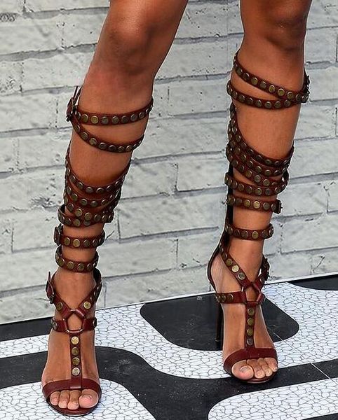 gladiator woman metal circle sandals brown leather buckles women cross-tied knee high boots open toe ladies high heel boots, Black
gladiator woman metal circle sandals brown leather buckles women cross-tied knee high boots open toe ladies high heel boots, Black