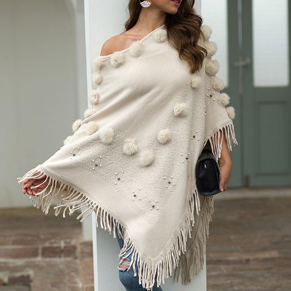 women's cape women o-neck solid hairball tassel cloak loose shawl cardigan sweater coat knitted poncho, Black
women's cape women o-neck solid hairball tassel cloak loose shawl cardigan sweater coat knitted poncho, Black