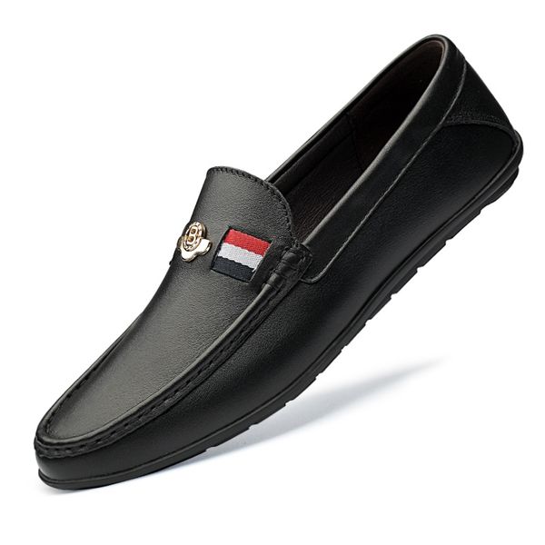 men genuine leather shoes slip-on shoes metal decoration mens moccasins italian man, Black