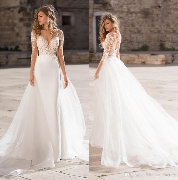 lace a line wedding dresses v neck sheer sweetheart long sleeves tulle applique sweep train backless beach wedding dress bridal gowns, White
lace a line wedding dresses v neck sheer sweetheart long sleeves tulle applique sweep train backless beach wedding dress bridal gowns, White