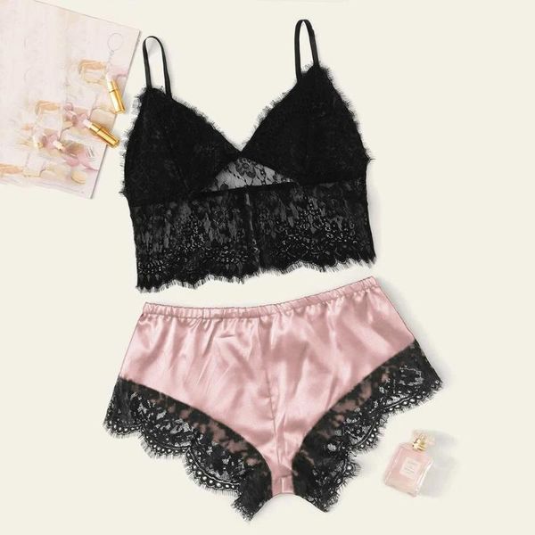 women sleepwear set nightwear set sleeveless strap nightwear lace trim satin cami pajama sets nuisette #2j03, Black;red 
women sleepwear set nightwear set sleeveless strap nightwear lace trim satin cami pajama sets nuisette #2j03, Black;red