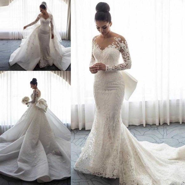 luxury mermaid wedding dresses sheer neck long sleeves illusion full lace applique bow overskirts button back chapel train bridal gowns, White
luxury mermaid wedding dresses sheer neck long sleeves illusion full lace applique bow overskirts button back chapel train bridal gowns, White