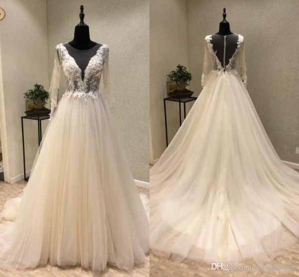 new long a line wedding dresses o-neck long sleeves sweep train appliques tulle charming bride dresses, White
new long a line wedding dresses o-neck long sleeves sweep train appliques tulle charming bride dresses, White