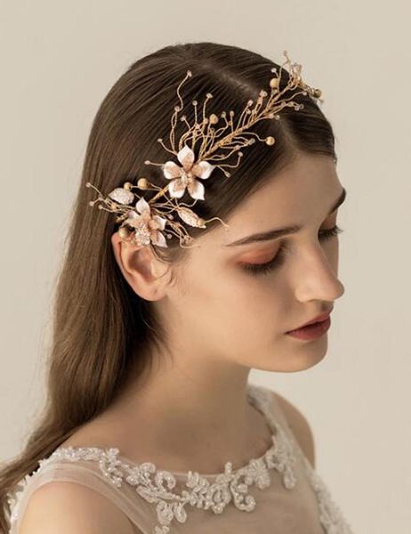 

flower crystal bridal headpiece gold wedding headband for brides pearl hair vine rhinestone hair accessories for women