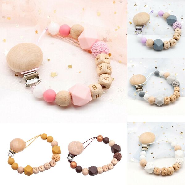 

Toddler Baby Silicone Pacifier Teether Chain Teething Clip BPA Free Safe Handmade Wooden Bead Baby Teething Toy