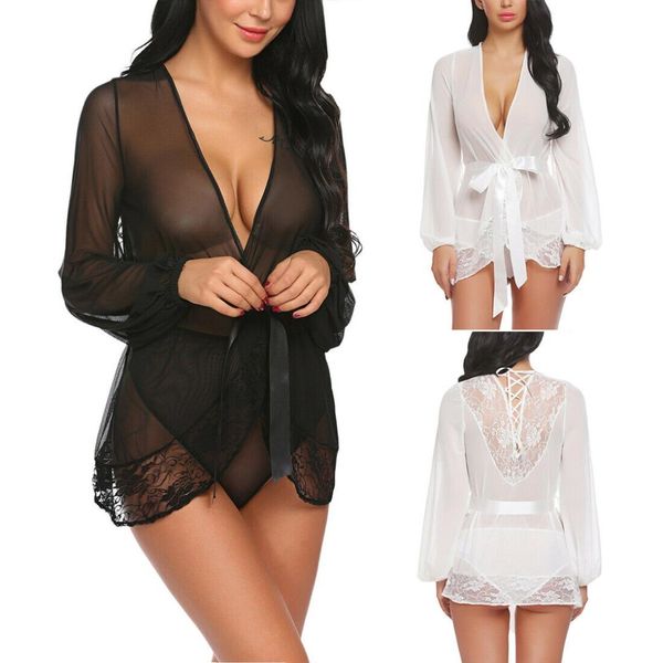 women ladies transparent lace sleepdress long sleeves bandage + brief 2pcs sleepwear robe lingerie, Black;red 
women ladies transparent lace sleepdress long sleeves bandage + brief 2pcs sleepwear robe lingerie, Black;red