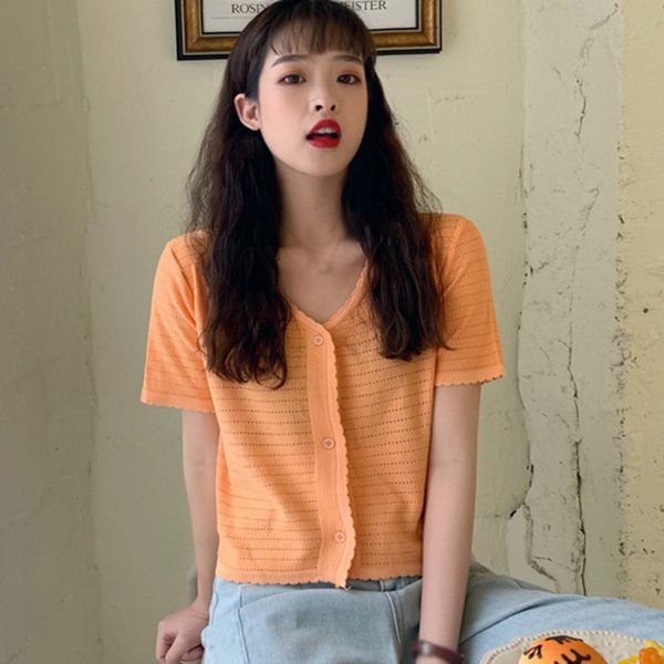 women's t-shirt summer women candy color knitted cardigan tee shirt elegant french retro v-neck short sleeve casual, White
women's t-shirt summer women candy color knitted cardigan tee shirt elegant french retro v-neck short sleeve casual, White