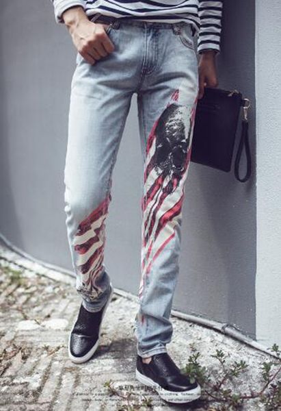 мужская европа, сша, южная корея, версия новой личности, мода для похудения с прямой трубкой, напечатанные джинсовые брюки ноги / 29-38, Blue