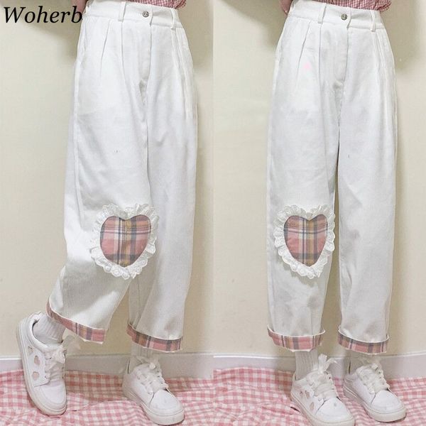 woherb japanese straight wide leg pants women plaid love heart lace patchwork loose corduroy trousers female fashion new 91328, Black;white
woherb japanese straight wide leg pants women plaid love heart lace patchwork loose corduroy trousers female fashion new 91328, Black;white