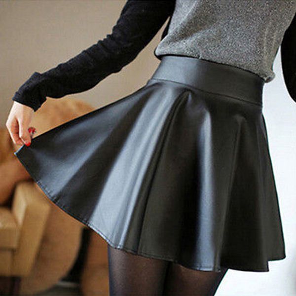 women girl faux leather high waist skater flared pleated short mini skirt, Black
women girl faux leather high waist skater flared pleated short mini skirt, Black