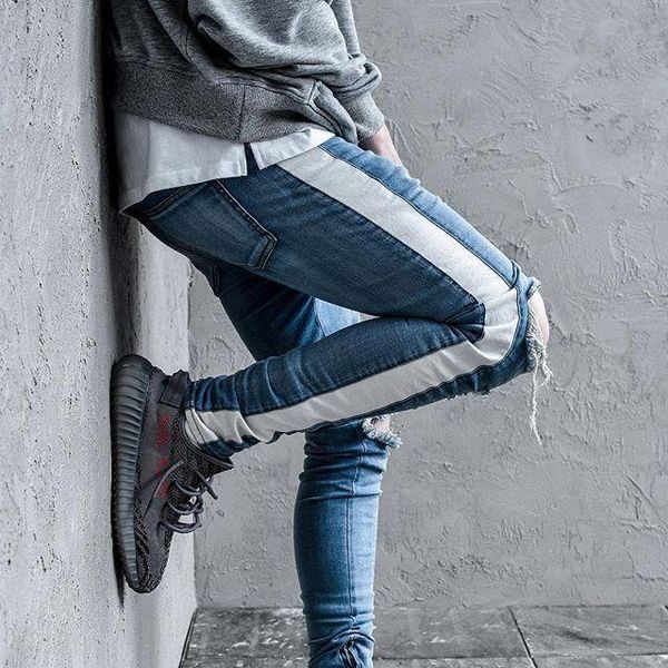 new mens hip hop ripped jeans destroyed hole skinny biker jeans white stripe stitching zipper decorated black light blue denim pants
new mens hip hop ripped jeans destroyed hole skinny biker jeans white stripe stitching zipper decorated black light blue denim pants
