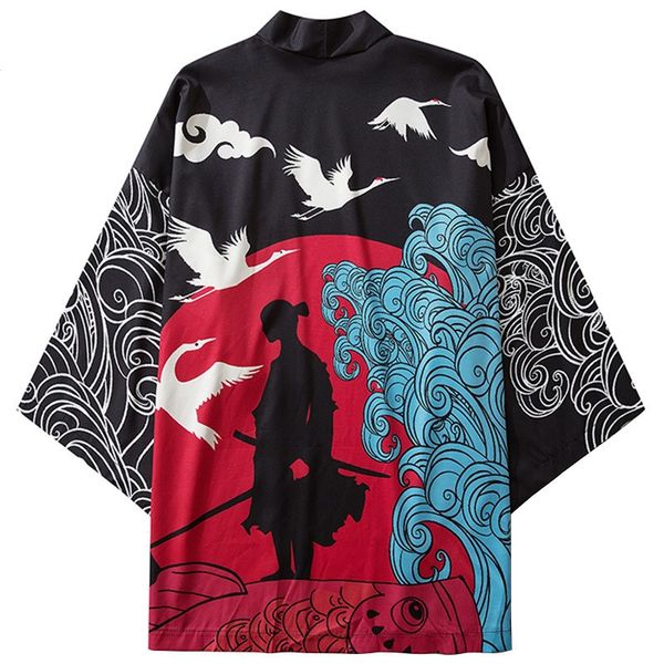streetwear kimono jacket japanese samurai print harajuku hip hop men japan style clothing kimono jacket summer thin loose, White;black