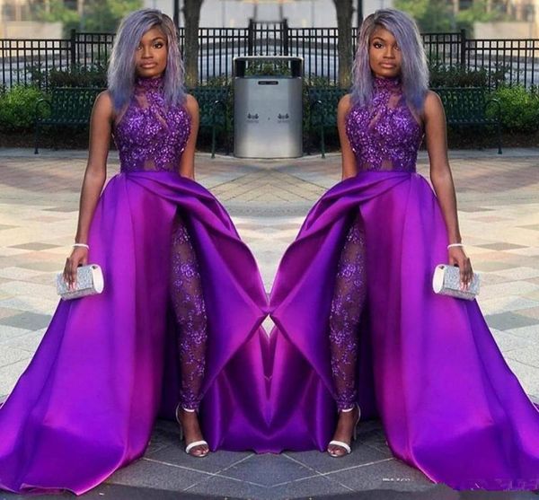 2019 purple jumpsuits prom dresses with detachable train high neck lace appliqued bead evening gowns luxury african party women, White;black
2019 purple jumpsuits prom dresses with detachable train high neck lace appliqued bead evening gowns luxury african party women, White;black