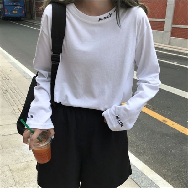letter embroidery long sleeve t- women's loose versatile round collar t- shirt base shirt, White
letter embroidery long sleeve t- women's loose versatile round collar t- shirt base shirt, White