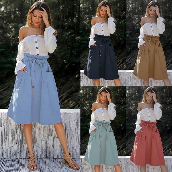 women's lace up solid a-line skirts single-breasted pockets knee-length skirts casual loose skirt, Black
women's lace up solid a-line skirts single-breasted pockets knee-length skirts casual loose skirt, Black