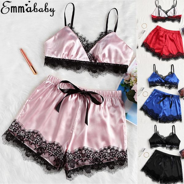 womens satin lace bra cropped shorts babydoll sleepwear pajama sets, Blue;gray
womens satin lace bra cropped shorts babydoll sleepwear pajama sets, Blue;gray