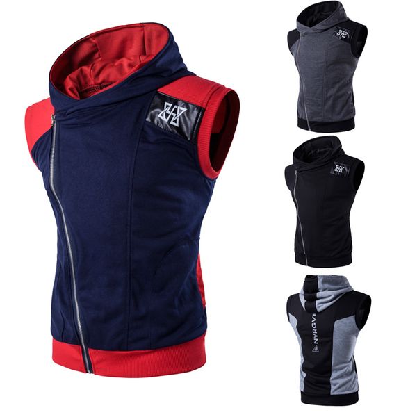 vest european and american style men's fashion casual diagonal zipper hooded leather printing fitness exercise running vest, Black;white
vest european and american style men's fashion casual diagonal zipper hooded leather printing fitness exercise running vest, Black;white