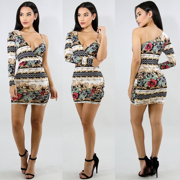 

deep v printed single-sided long-sleeved sling nightclub dress women's casual dresses short skirts dress, Black;gray