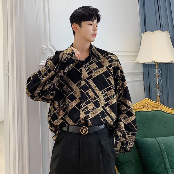 men long sleeve gold pattern loose business casual shirt cardigan male streetwear vintage fashion hip hop dress shirts, White;black
men long sleeve gold pattern loose business casual shirt cardigan male streetwear vintage fashion hip hop dress shirts, White;black