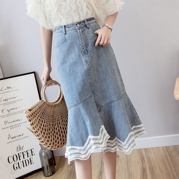 korean 2019 women jeans skirt high waist ruffles silm package hip midi blue denim mermaid skirts lace mesh patchwork faldas, Black
korean 2019 women jeans skirt high waist ruffles silm package hip midi blue denim mermaid skirts lace mesh patchwork faldas, Black