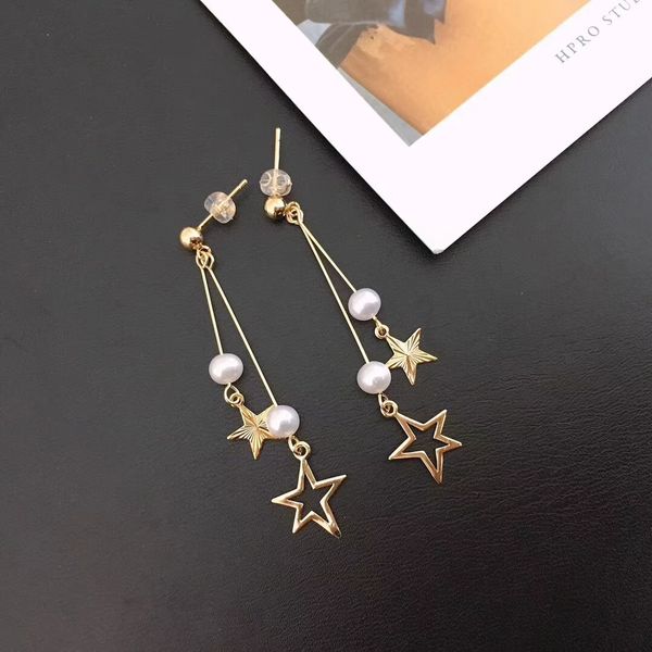

natural pearl earring jewerly 14k gold star pentagram long earrings new freshwater pearls small fresh pearl 4-5 mm 4a gift high quality, Silver