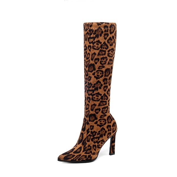 women leopard shoes designer knee high stretch slip ons thin high heels pointed toe leopard boots slim, Black
women leopard shoes designer knee high stretch slip ons thin high heels pointed toe leopard boots slim, Black