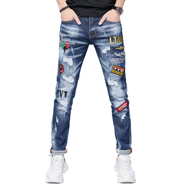 men's spring summer jeans thin style embroidered badges patch pants trend hole breaking stretch denim fashion ripped slim jeans, Blue
men's spring summer jeans thin style embroidered badges patch pants trend hole breaking stretch denim fashion ripped slim jeans, Blue