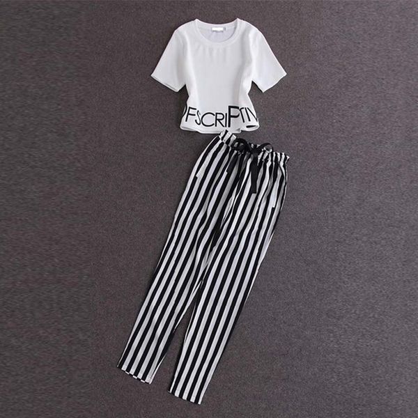women short sleeve crop striped pants set two piece outfits casual clothes, White
women short sleeve crop striped pants set two piece outfits casual clothes, White