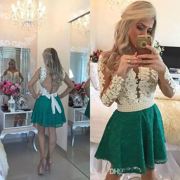 white lace cocktail dresses school prom gowns a-line long sleeve covered button short mini prom party gowns with pearls graduation dress, Black
white lace cocktail dresses school prom gowns a-line long sleeve covered button short mini prom party gowns with pearls graduation dress, Black