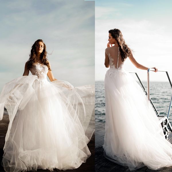 simple a line tanya grig bohemian dresses jewel neck sleeveless tulle lace applique button wedding gowns sweep train robe de mariée, White
simple a line tanya grig bohemian dresses jewel neck sleeveless tulle lace applique button wedding gowns sweep train robe de mariée, White