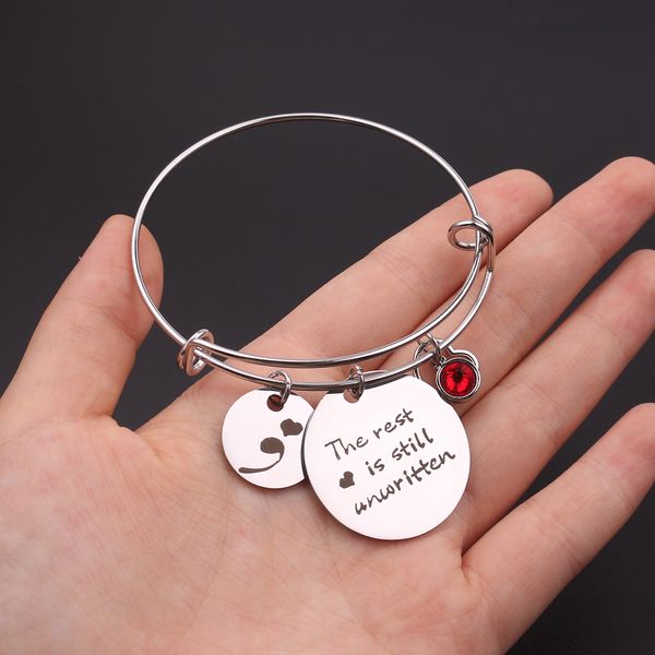 fashion adjustable bracelet "the rest is still unwritten" suicide awareness semicolon birthstone stainless steel bangle bracelet, White
fashion adjustable bracelet "the rest is still unwritten" suicide awareness semicolon birthstone stainless steel bangle bracelet, White
