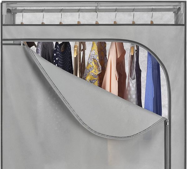 portable wardrobe clothes storage organizer closet with hanging rack for home, dorm, garage etc. grey color no-tool assembly
portable wardrobe clothes storage organizer closet with hanging rack for home, dorm, garage etc. grey color no-tool assembly