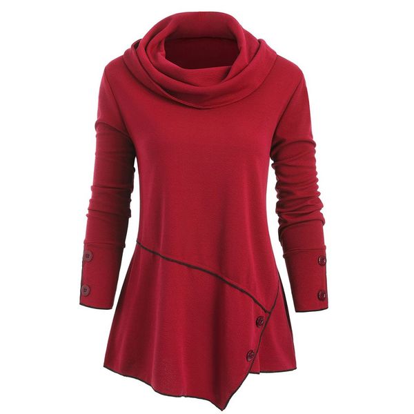 

women cowl neck buttons asymmetric plus size s-2xl autumn sweatshirts red solid irregular hem sweatshirts kampsun kapuuts, Black