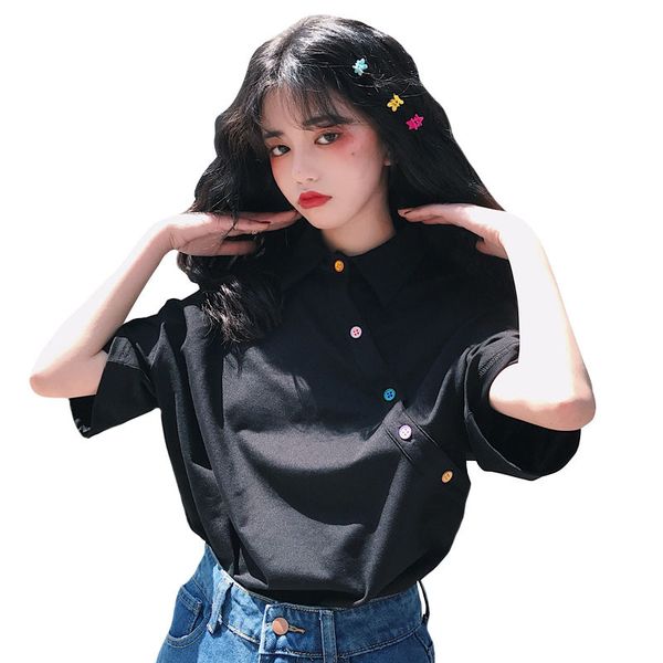 451 kawaii female rainbow colorful diagonal buttons short sleeves loose fashion polo tee shirt, White
451 kawaii female rainbow colorful diagonal buttons short sleeves loose fashion polo tee shirt, White