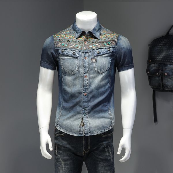 denim shirt men embroidery casual slim short sleeve shirts club party stage singer streetwear social shirt camisa, White;black
denim shirt men embroidery casual slim short sleeve shirts club party stage singer streetwear social shirt camisa, White;black